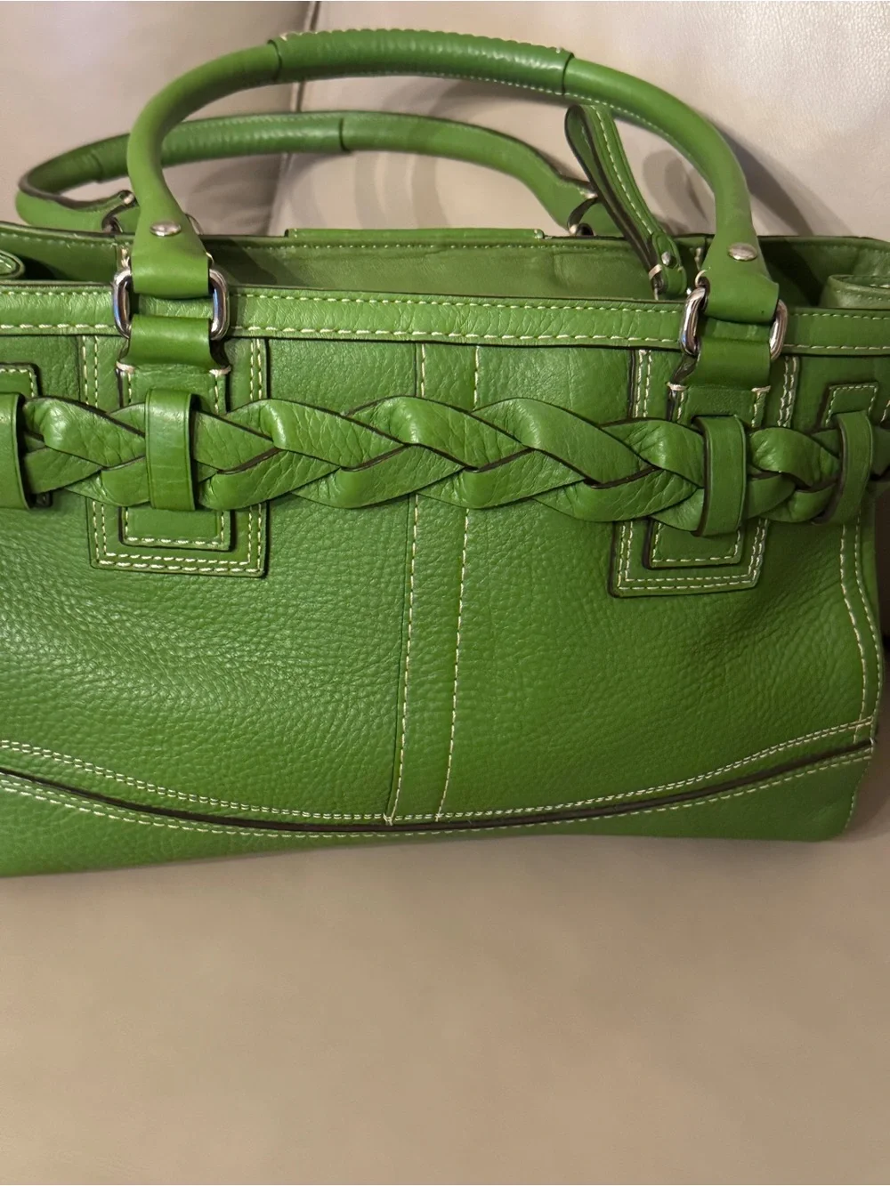 Coach Green Leather Satchel with Braided Trim Tassel Hampton Hobo small 13087